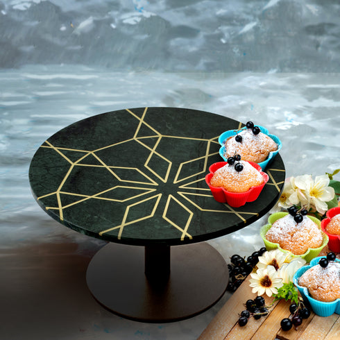 Green Marble Cake Stand with Geometria Brass Inlay